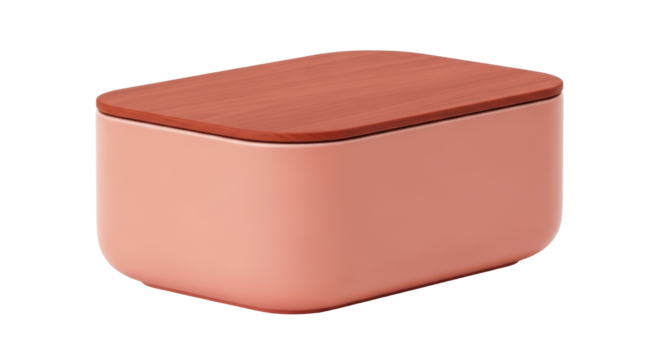 Isolated stylish coral box with wooden lid is a modern container for organization or storage