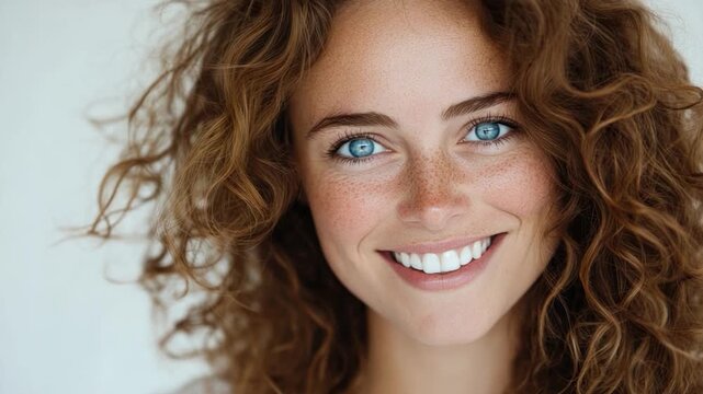 A close-up shot of a woman's face featuring freckles