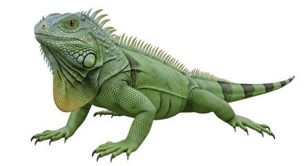 Isolated Green Iguana reptile exotic pet sitting alert, scaly skin texture, tropical habitat