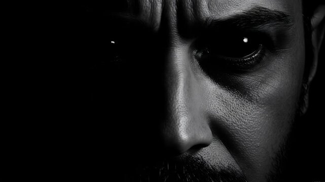 Dramatic Black And White Close Up Of A Man's Sweaty Face Intense Stare