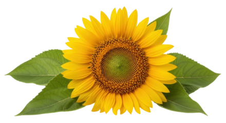 Isolated Sunflower bloom with green leaves, agricultural flower blossom in closeup nature view