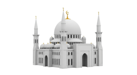 Isolated building model of a mosque or religious structure with golden accents, middle east
