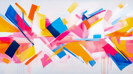 Vibrant Abstract Composition with Dynamic Geometric Shapes and Energetic Brushstrokes in Bold Pink, Blue, Orange, and Yellow on Clean White Canvas