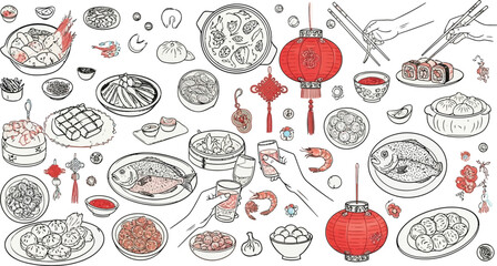 Celebrate Chinese New Year with a vibrant spread of traditional dishes and festive red lanterns, perfect for cultural events or family gatherings