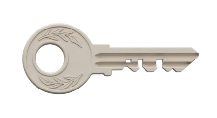 Isolated blank key with floral design for doors or security gates in a neutral color tone