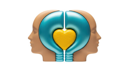Isolated symbolic view two human heads face each other with a yellow heart in the middle