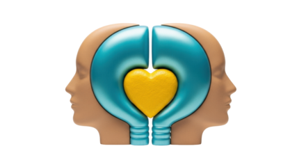 Isolated symbolic view two human heads face each other with a yellow heart in the middle