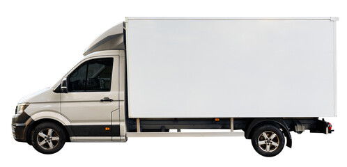 Small Blank White Cargo Truck Isolated on White Background – No Logo or Design, Ideal for Local Transportation.