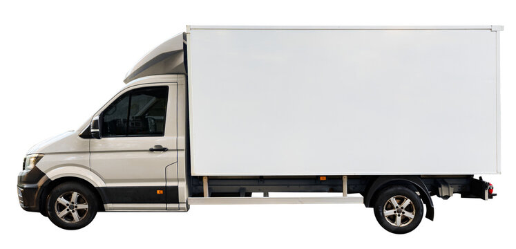 Small Blank White Cargo Truck Isolated on White Background – No Logo or Design, Ideal for Local Transportation.