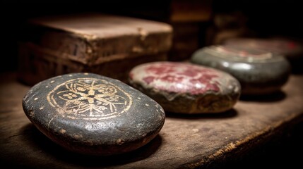 Close-up of several decorative stones, each displaying intricate, gold-colored designs on a dark gray surface, set on a weathered wooden surface.