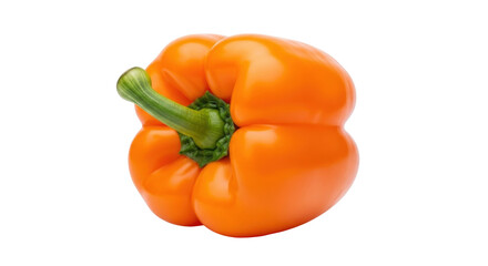 Isolated orange bell pepper vegetable with green stem, shiny, fresh, raw ingredient