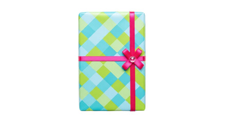 Isolated gift wrapped in blue and green diamond pattern with pink ribbon and bow on top