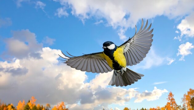 Bird in flight against autumn sky