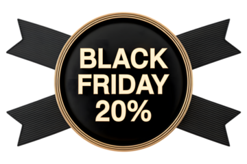 Black friday 20 discount badge with ribbon isolated on transparent background