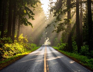 Obraz premium Asphalt road surrounded by tall trees bathed in sunlight