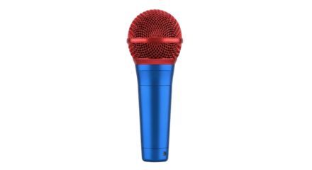 Isolated blue microphone with red head for singing, podcasting, audio recording, entertainment