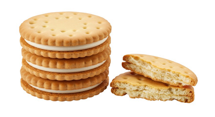 Isolated Stack of Cream Sandwich Cookies and Half Piece, Delicious Sweet Snack Treat Food