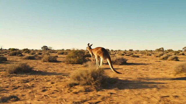 Kangaroo jumping across the desert landscape during daytime