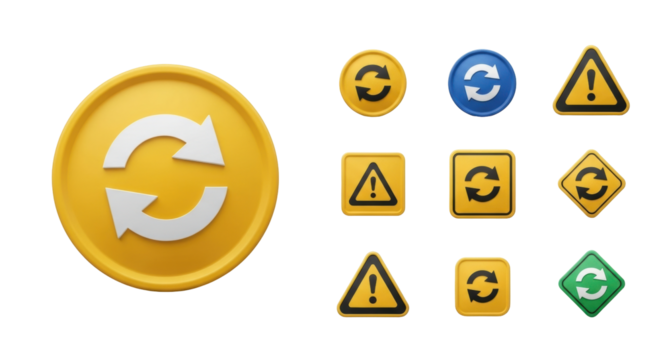 Isolated icons of traffic sign and circular arrow in yellow, blue and green color combination