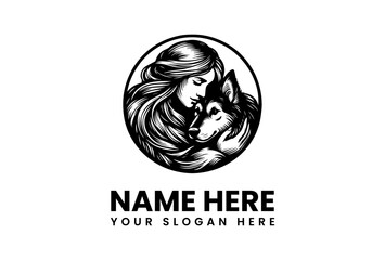 A beautiful hand-drawn circular logo of a woman with flowing hair tenderly embracing a husky or wolf, symbolizing a deep bond with nature