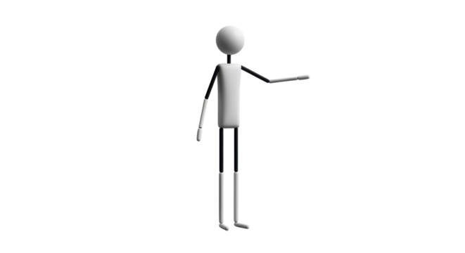 Isolated stick figure gesturing or indicating something, a simple 3D render for presentations