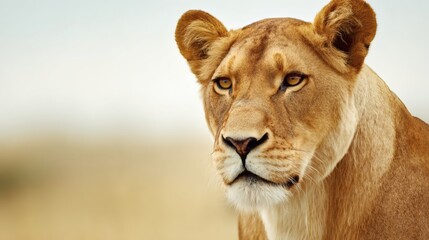 Obraz premium ferocity. Lioness with a focused gaze and detailed fur, bathed in golden savanna light with a natural habitat backdrop. wildlife magazines.