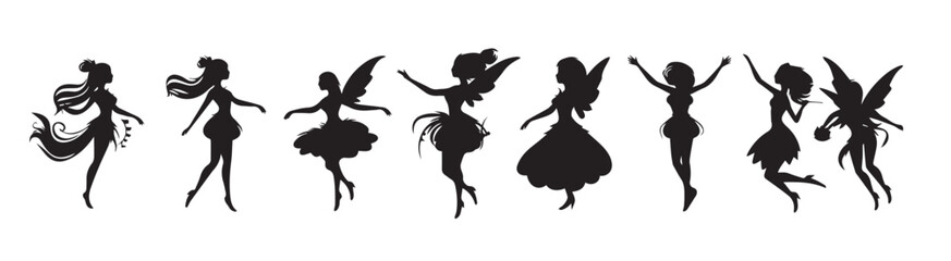 set of silhouettes magical fairies in the cartoon style .