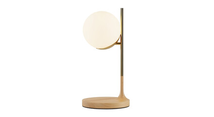 Isolated modern gold and wood table lamp with spherical glass shade for home lighting décor