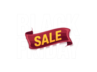 Red sale ribbon banner with yellow text isolated on transparent background