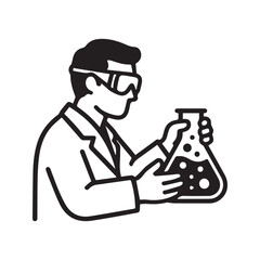 Chemist linear icon. Scientist with safety goggles holding a chemical flask for a laboratory experiment..
