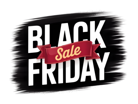 Black friday sale banner with red ribbon and text isolated on transparent background