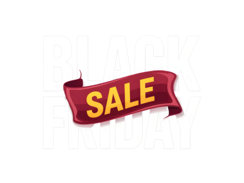 Red sale ribbon banner with yellow text isolated on transparent background