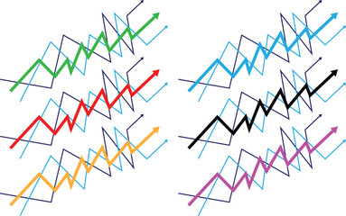 Upward trending colorful graph lines isolated on white background