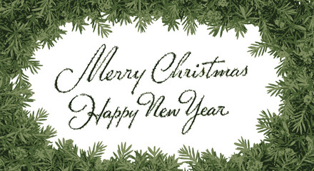 Merry Christmas and Happy New Year wishes framed by green festive foliage, perfect for holiday greetings and seasonal marketing campaigns