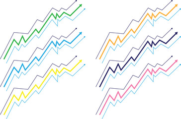 Multiple colorful graph lines showing upward trend isolated on white background