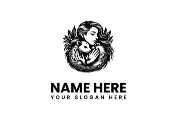 Mystical illustration of a beautiful woman tenderly embracing a delicate wild animal, surrounded by intricate natural foliage, ideal for an emblem or nature-themed brand logo