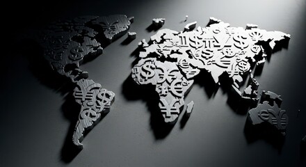 Global economy concept with a world map formed by money signs.