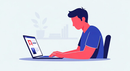 Illustration of a man using laptop for work or study, showcasing remote work, online education, and digital lifestyle in a modern and minimalist design