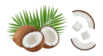 Isolated coconuts with halved, sliced sections and palm leaf for tropical product concepts