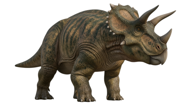 Isolated Torosaurus dinosaur with horns and neck frill posing on a neutral background