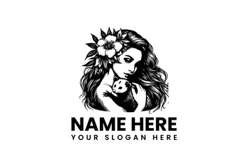 Elegant Woman Holding a Cute Baby Panda with Floral Accents, Ideal for Branding