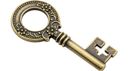 Isolated antique brass key with floral design, vintage object, old-fashioned, historic, magical