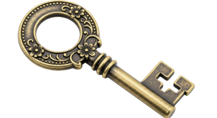Isolated antique brass key with floral design, vintage object, old-fashioned, historic, magical
