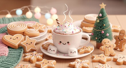 Cozy Holiday Treats with Cute Cookies and Hot Chocolate Delight
