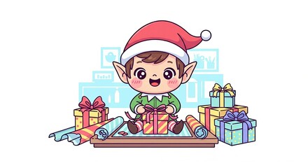 Cute Christmas Elf Preparing Gifts with Colorful Wrapping Paper