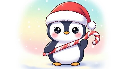 Cute Cartoon Penguin with Santa Hat and Candy Cane for Holidays