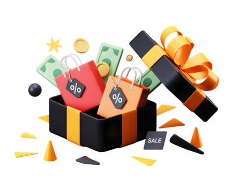 A black gift box overflowing with shopping bags, money, and sale tags, isolated on transparent background