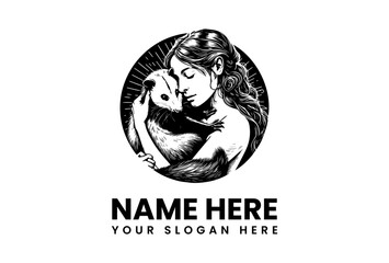 A hand-drawn vintage style logo showing a serene woman embracing a panda bear, symbolizing the bond between humans and nature
