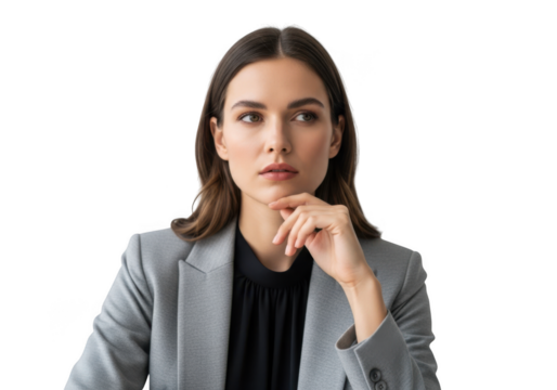 Professional businesswoman portrait png image with hand on chin, thinking and wearing a blazer, high-resolution stock photo isolated on transparent background - Powered by Adobe