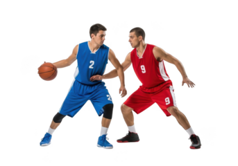 Two basketball players facing off in blue and red uniforms with ball action shot png image stock photo isolated on transparent background